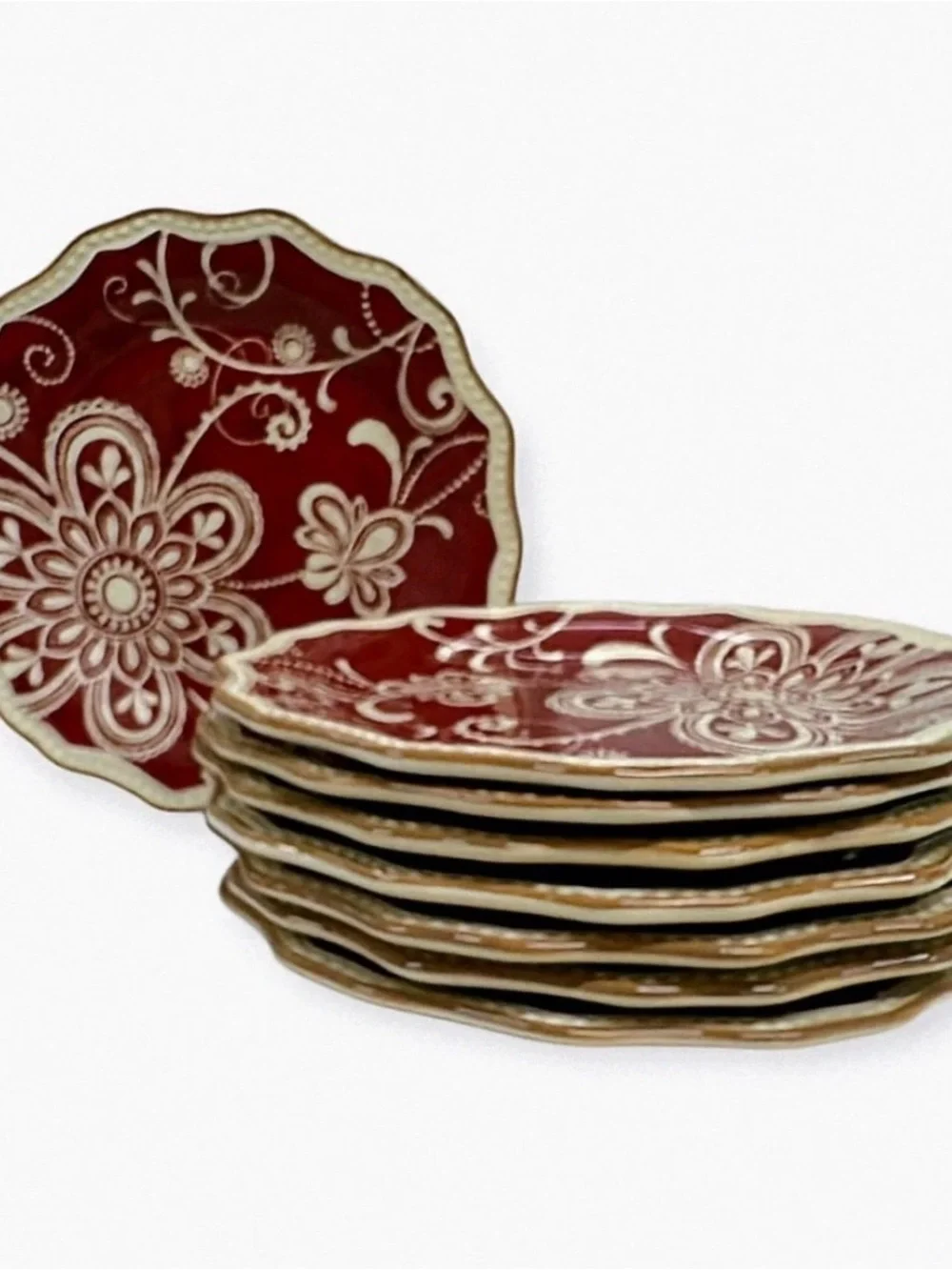 Pier 1 Imports Maribeth Burgundy Floral Scalloped Salad Plates 8 7/8” Set of 8